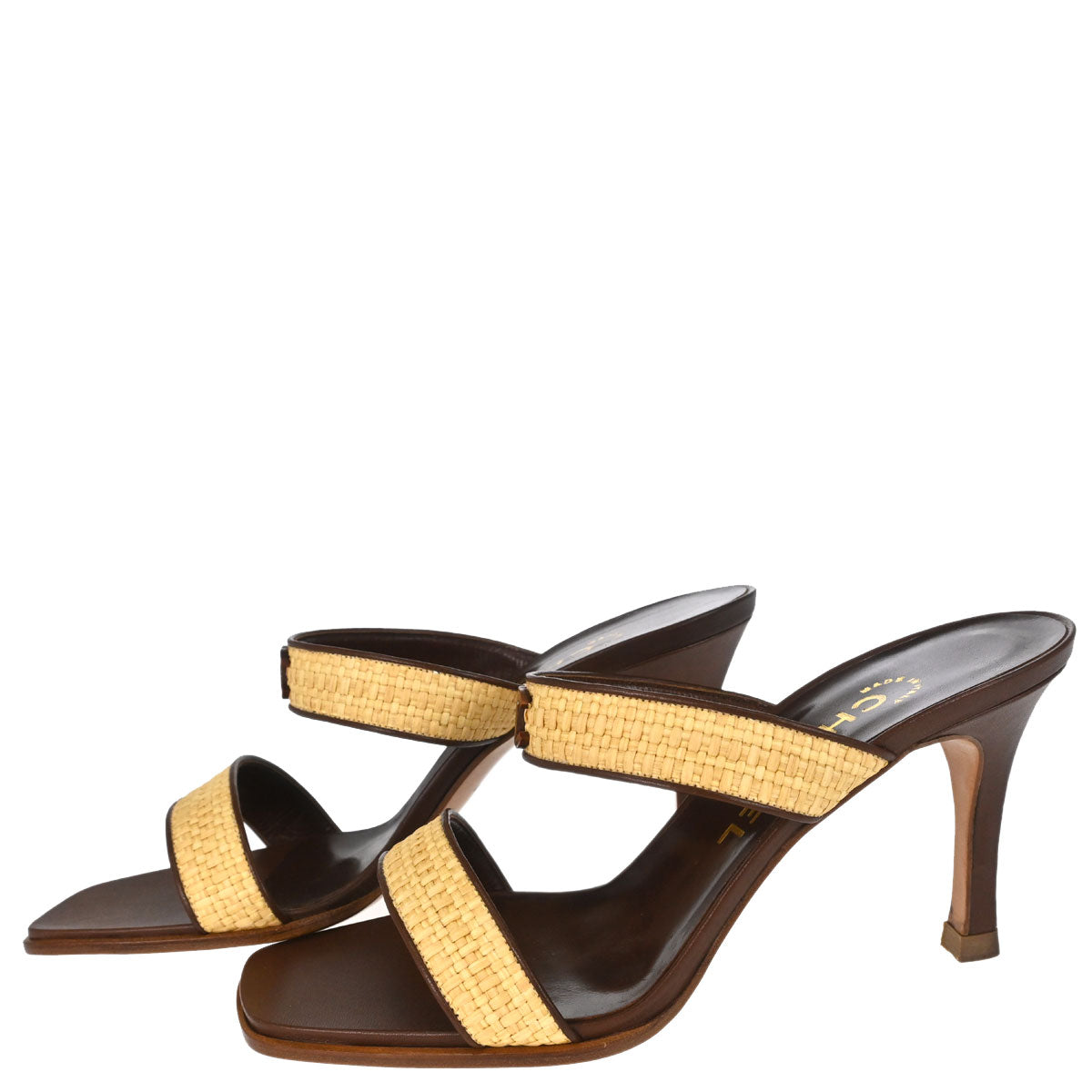 Chanel * CC Beige Brown Leather Straw Sandals Shoes #37