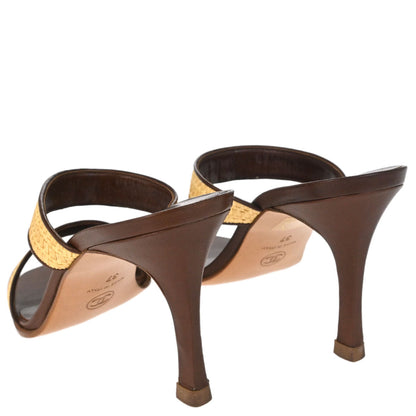 Chanel * CC Beige Brown Leather Straw Sandals Shoes #37