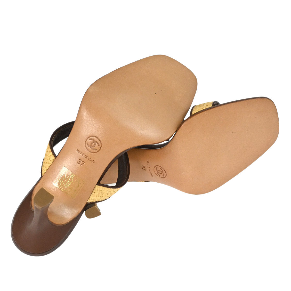 Chanel * CC Beige Brown Leather Straw Sandals Shoes #37