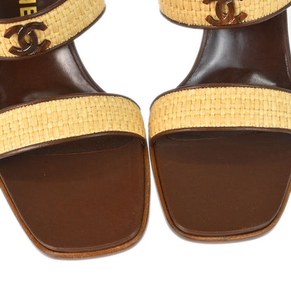Chanel * CC Beige Brown Leather Straw Sandals Shoes #37