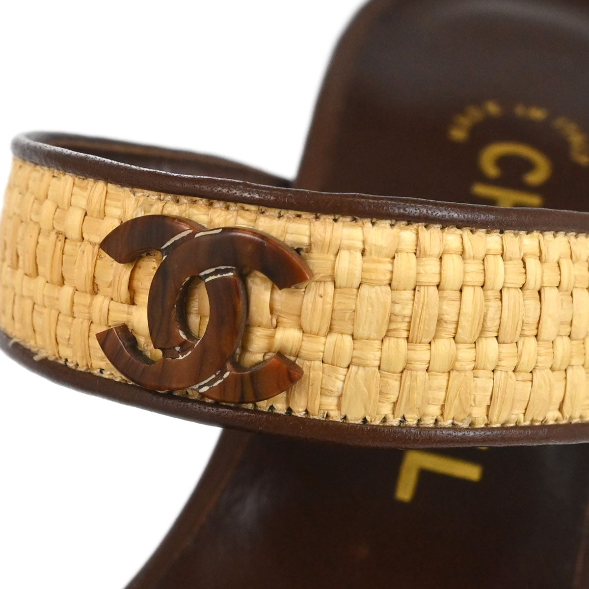 Chanel * CC Beige Brown Leather Straw Sandals Shoes #37