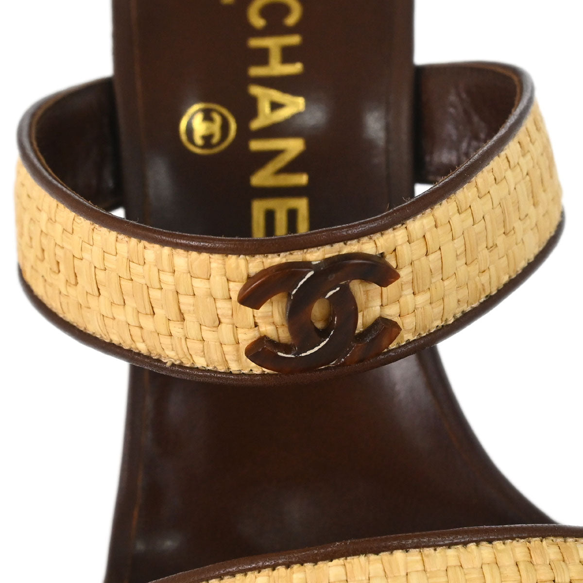 Chanel * CC Beige Brown Leather Straw Sandals Shoes #37