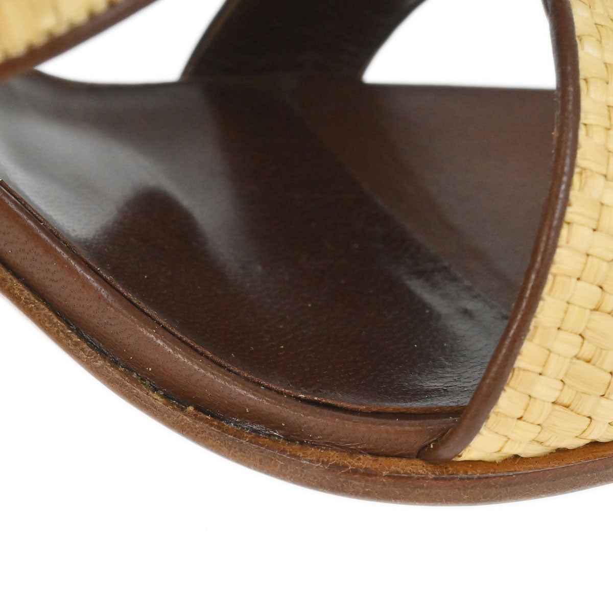 Chanel * CC Beige Brown Leather Straw Sandals Shoes #37
