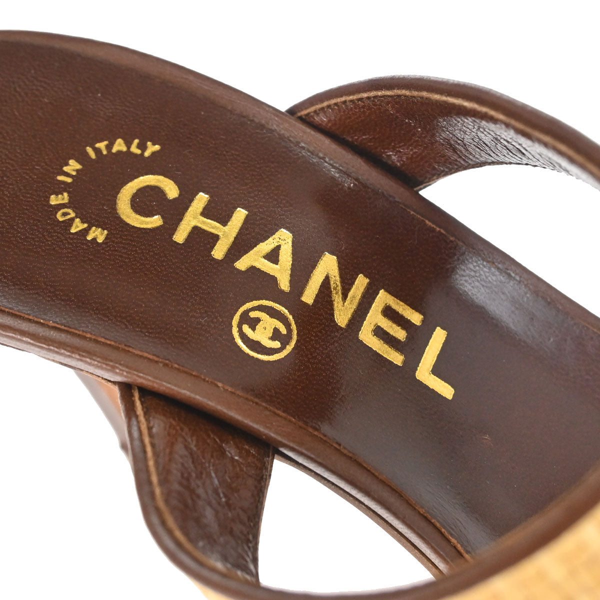 Chanel * CC Beige Brown Leather Straw Sandals Shoes #37