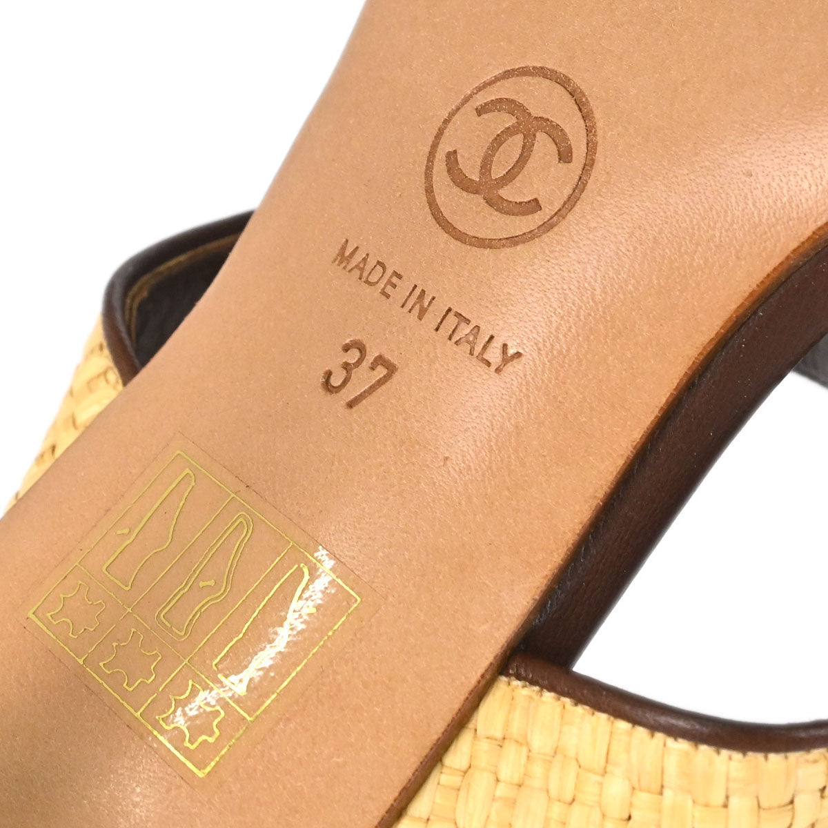 Chanel * CC Beige Brown Leather Straw Sandals Shoes #37