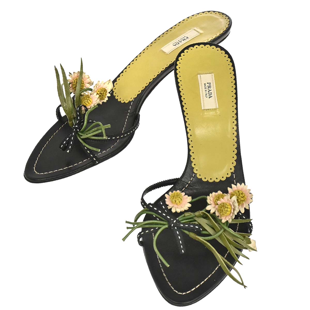 Prada * Black Leather Flower Sandals Shoes #35 1/2
