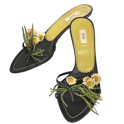 Prada * Black Leather Flower Sandals Shoes #35 1/2