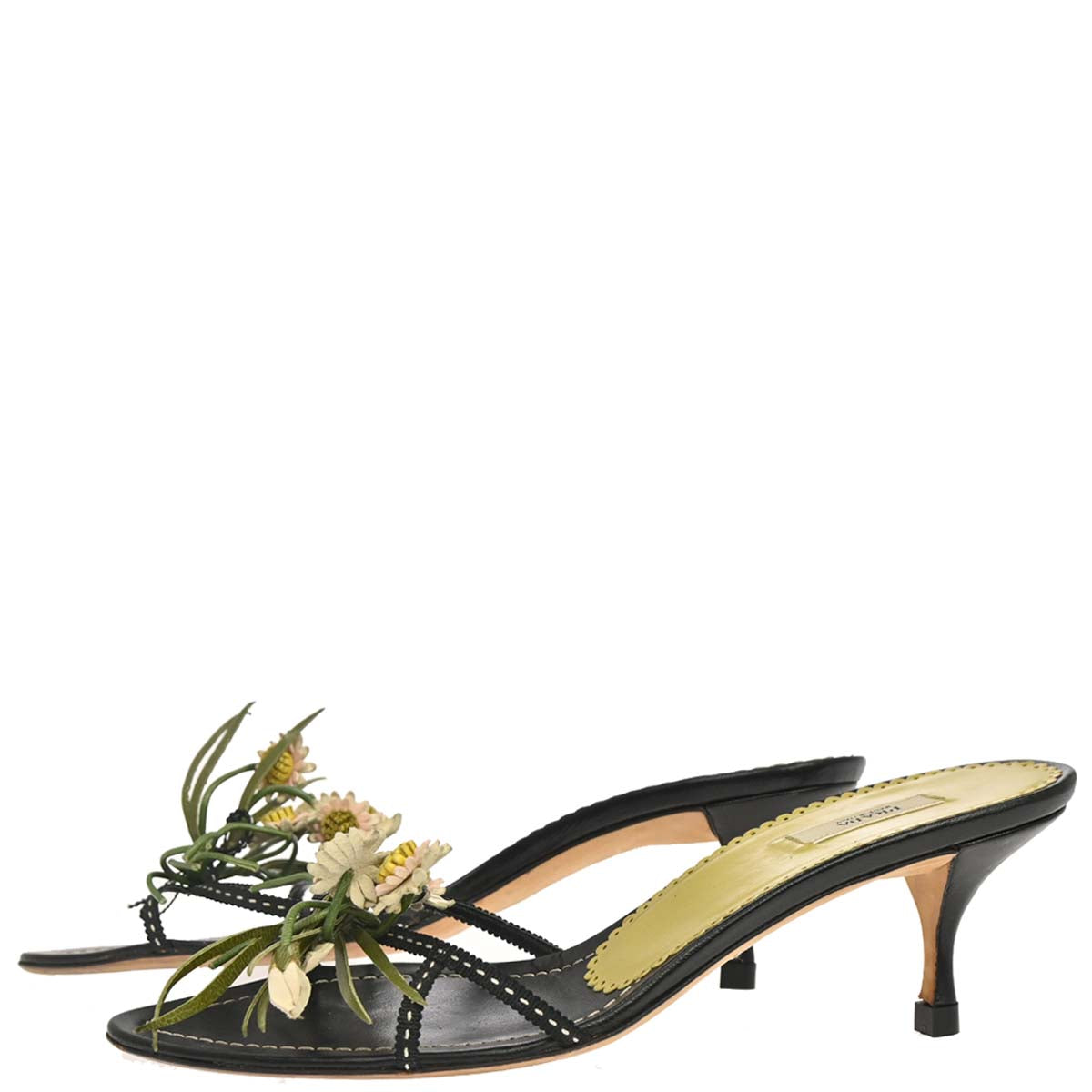 Prada * Black Leather Flower Sandals Shoes #35 1/2