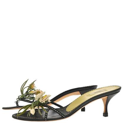 Prada * Black Leather Flower Sandals Shoes #35 1/2