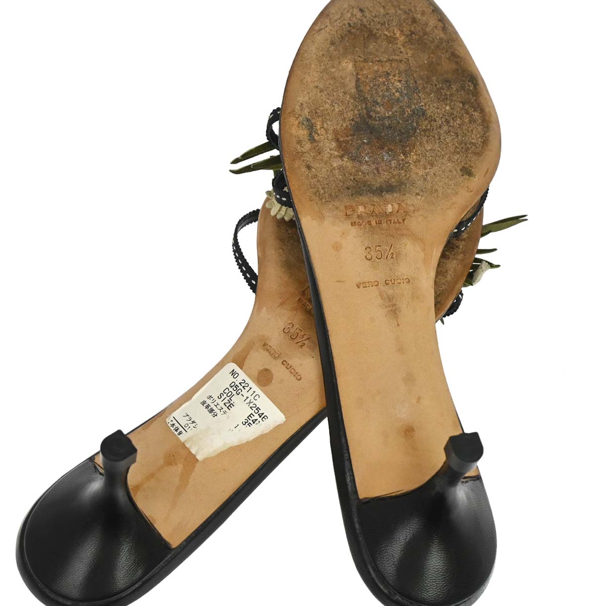 Prada * Black Leather Flower Sandals Shoes #35 1/2