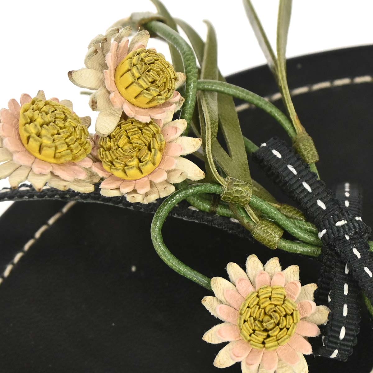 Prada * Black Leather Flower Sandals Shoes #35 1/2