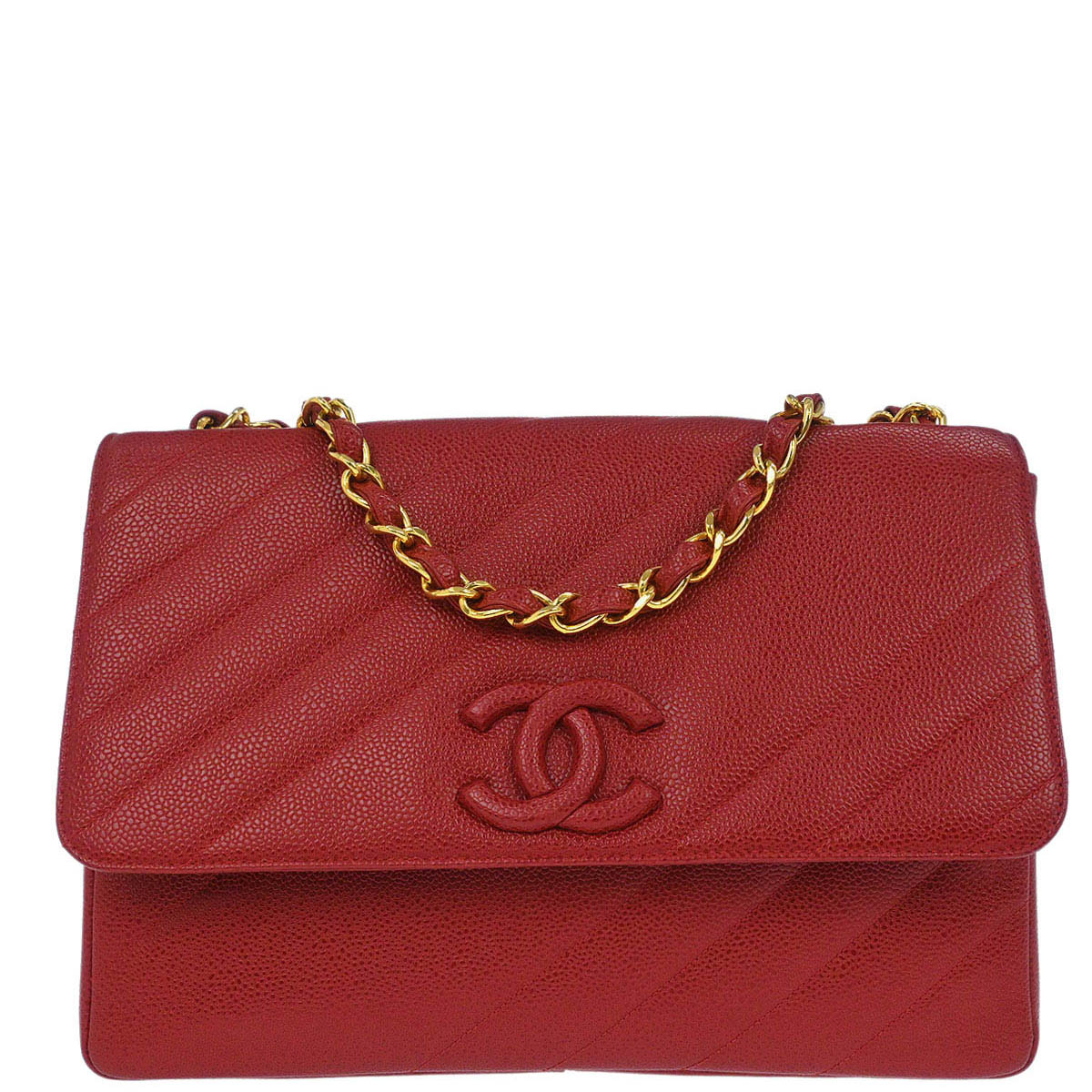 Chanel Red Caviar Skin Straight Flap Jumbo Shoulder Bag