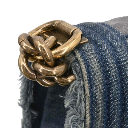 Boy Chanel Blue Denim Patchwork Medium Chain Shoulder Bag