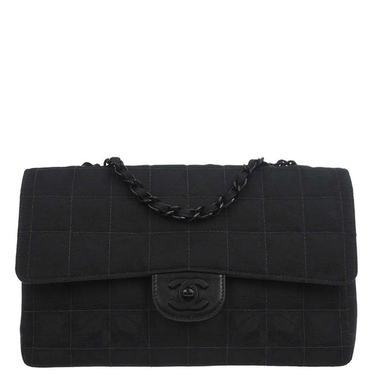 Chanel Black Jacquard Nylon Travel Line Single Flap Medium Shoulder Bag