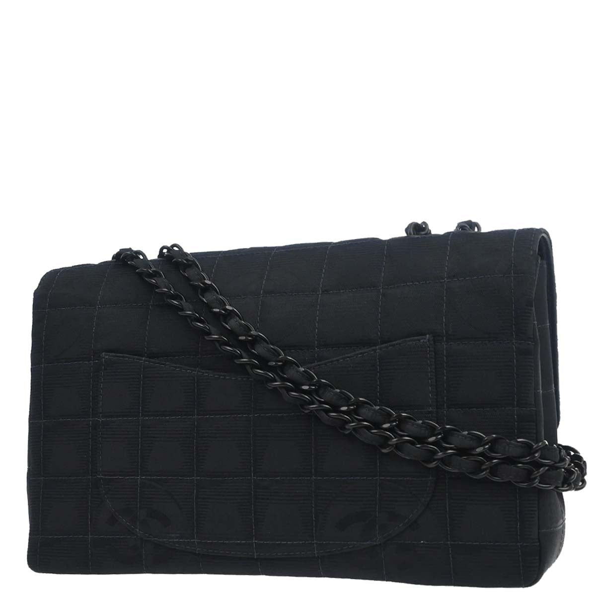 Chanel Black Jacquard Nylon Travel Line Single Flap Medium Shoulder Bag