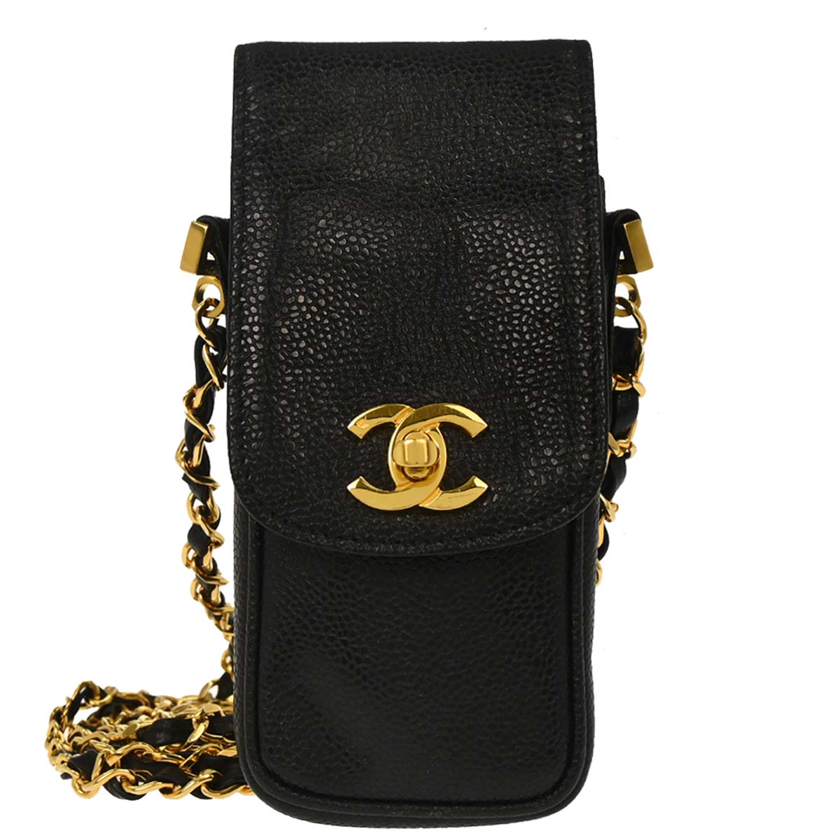 Chanel 1994-1996 Black Caviar Skin Chain Shoulder Bag Pochette Phone Case
