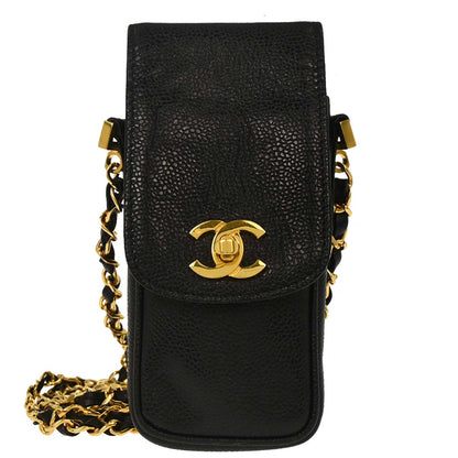 Chanel 1994-1996 Black Caviar Skin Chain Shoulder Bag Pochette Phone Case