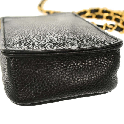 Chanel 1994-1996 Black Caviar Skin Chain Shoulder Bag Pochette Phone Case