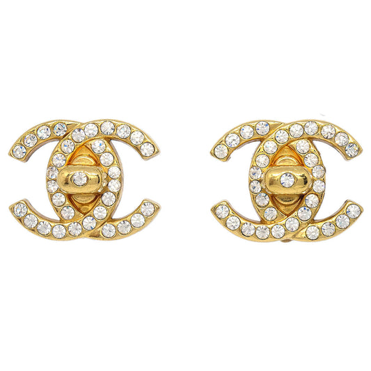 Chanel CC Turnlock Clip-On Earrings Gold Rhinestone Large 97P