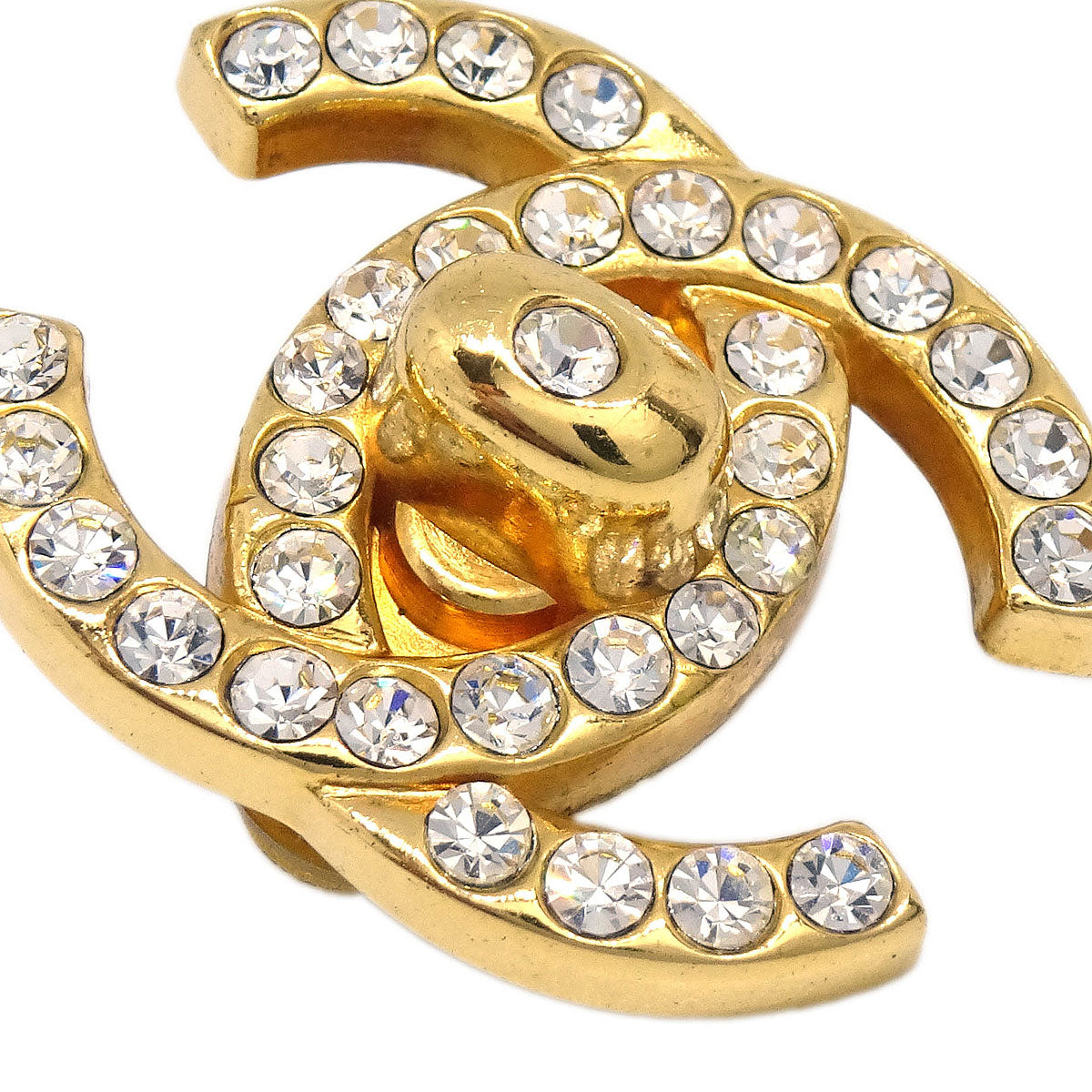 Chanel CC Turnlock Clip-On Earrings Gold Rhinestone Large 97P