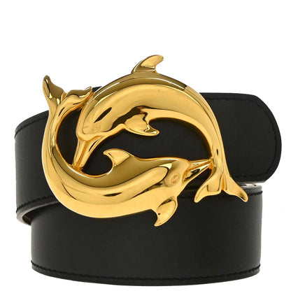 Hermes Black Box Calf Dolphin Reversible Belt #70 Small Good