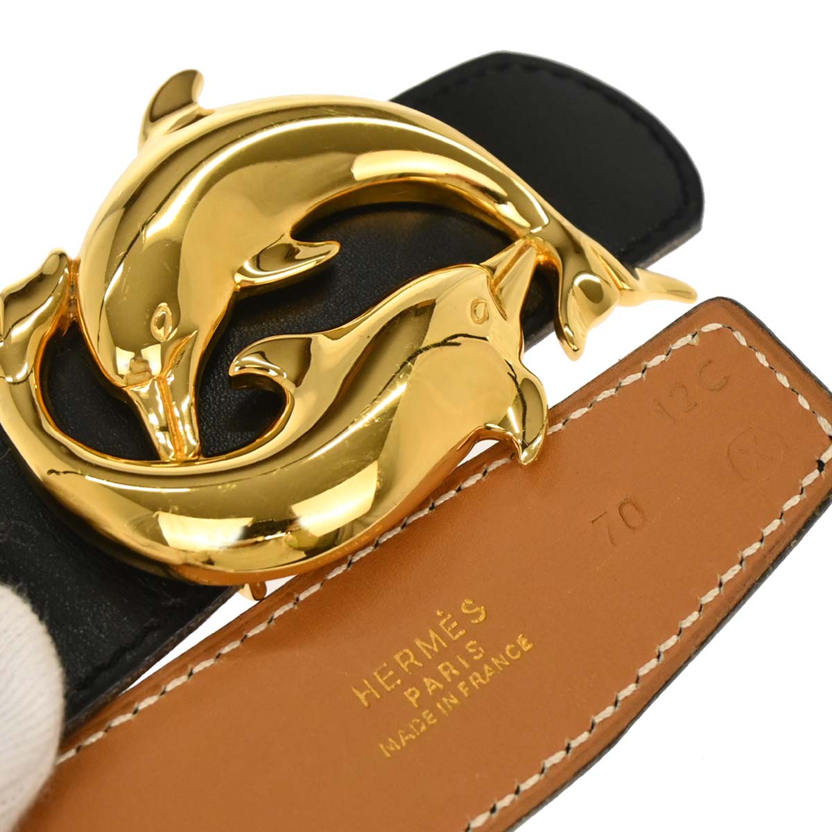 Hermes Black Box Calf Dolphin Reversible Belt #70 Small Good