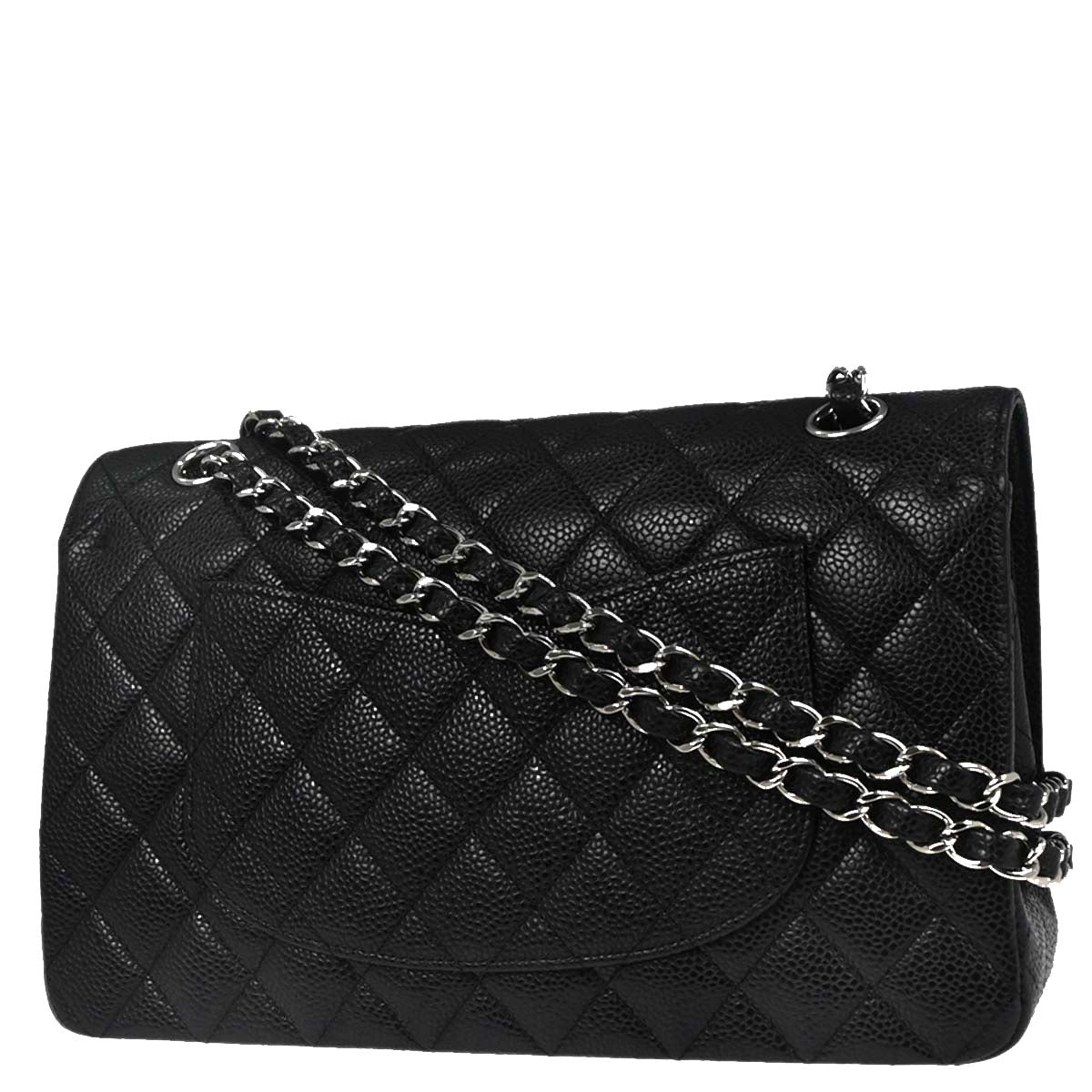 Chanel 2014 Black Caviar Skin Medium Classic Double Flap Shoulder Bag