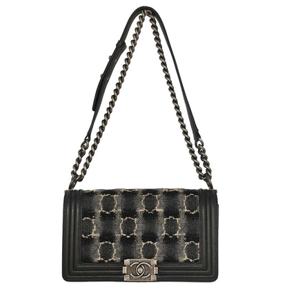 Boy Chanel 2013-2014 Black Caviar Tweed Medium Shoulder Bag