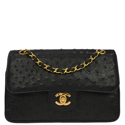 Chanel * 1989-1991 Black Ostrich Double Flap Shoulder Bag