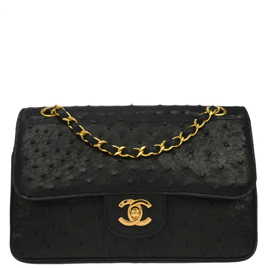 Chanel * 1989-1991 Black Ostrich Double Flap Shoulder Bag