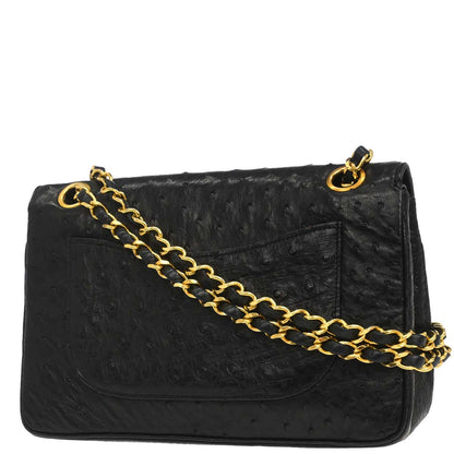 Chanel * 1989-1991 Black Ostrich Double Flap Shoulder Bag