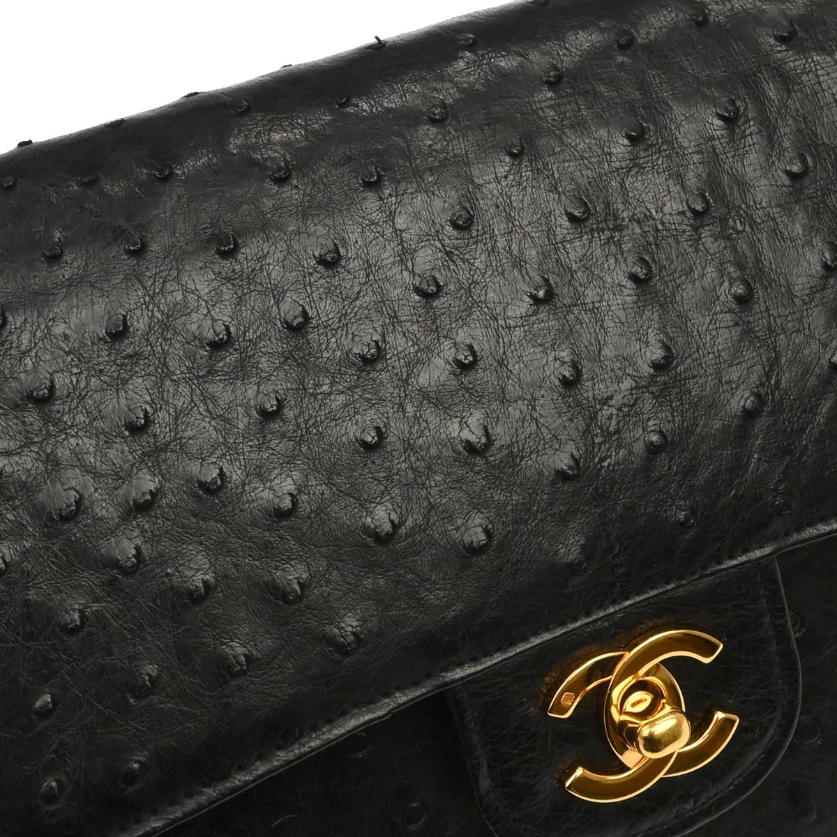 Chanel * 1989-1991 Black Ostrich Double Flap Shoulder Bag