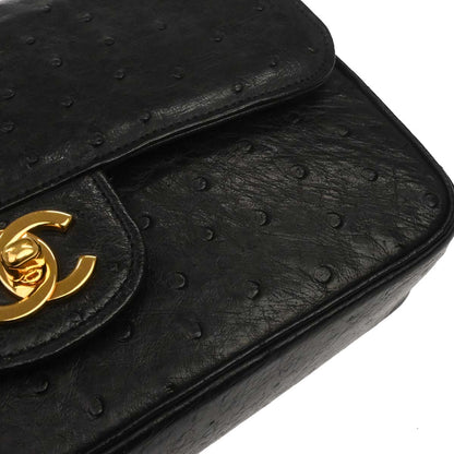 Chanel * 1989-1991 Black Ostrich Double Flap Shoulder Bag