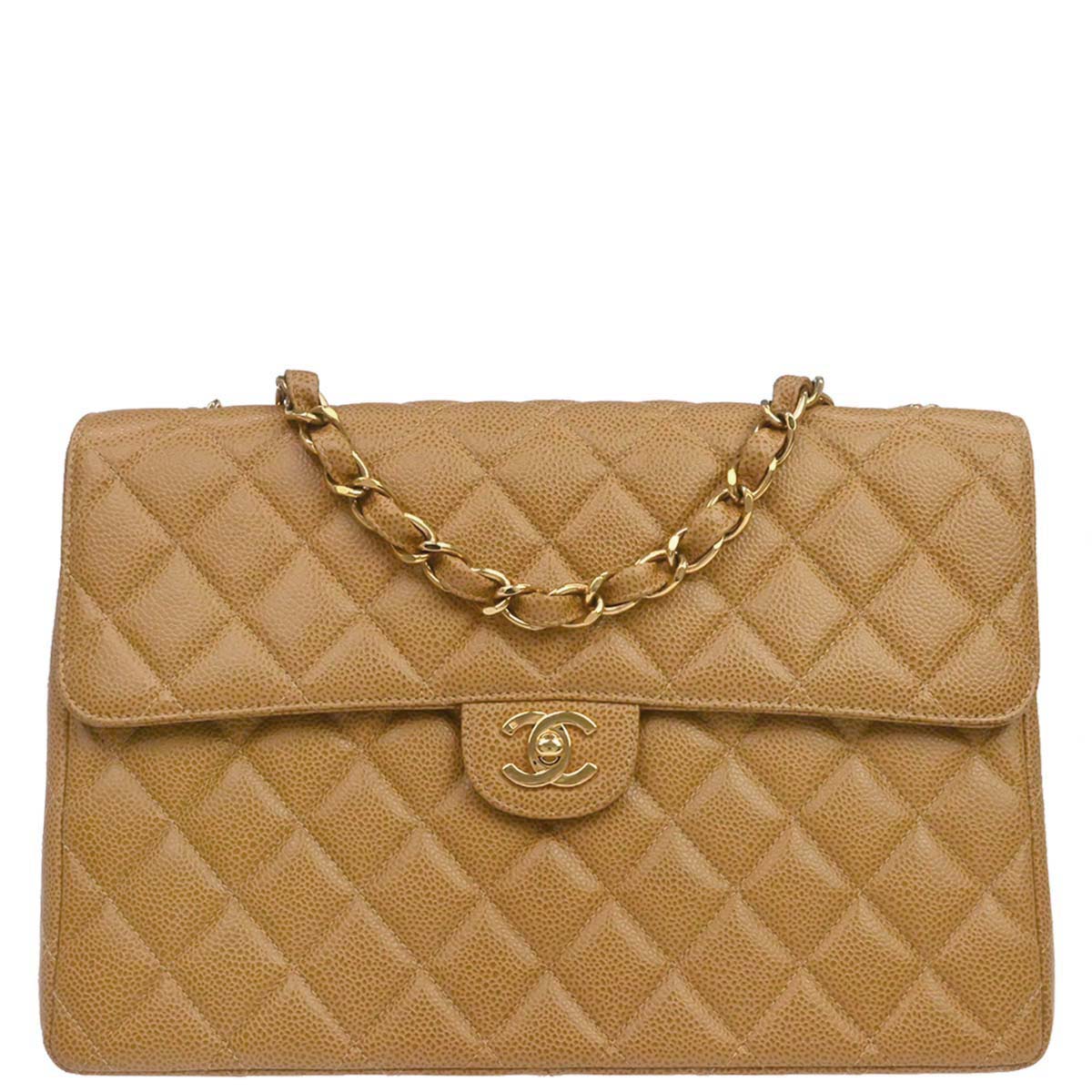Chanel 2000-2002 Beige Caviar Skin Jumbo Classic Flap Shoulder Bag