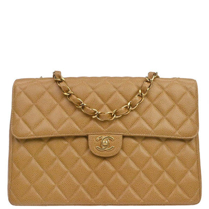 Chanel 2000-2002 Beige Caviar Skin Jumbo Classic Flap Shoulder Bag
