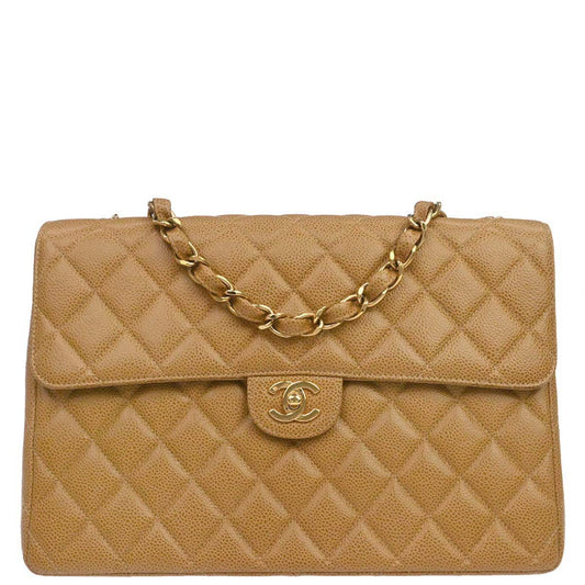 Chanel 2000-2002 Beige Caviar Skin Jumbo Classic Flap Shoulder Bag