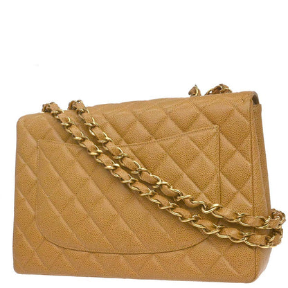 Chanel 2000-2002 Beige Caviar Skin Jumbo Classic Flap Shoulder Bag