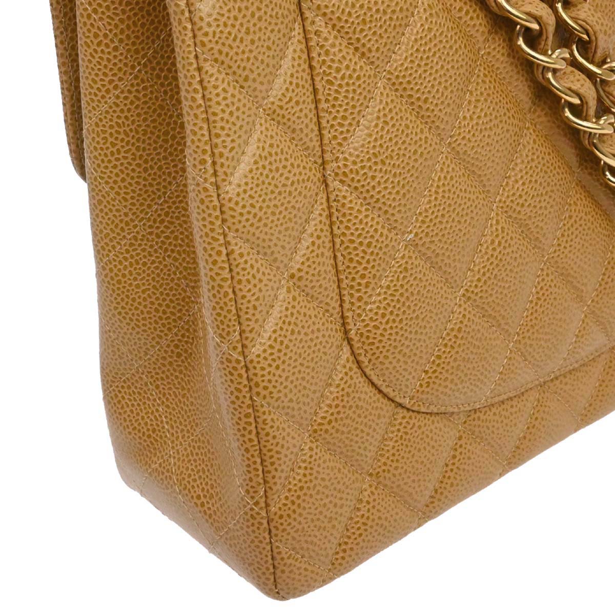 Chanel 2000-2002 Beige Caviar Skin Jumbo Classic Flap Shoulder Bag