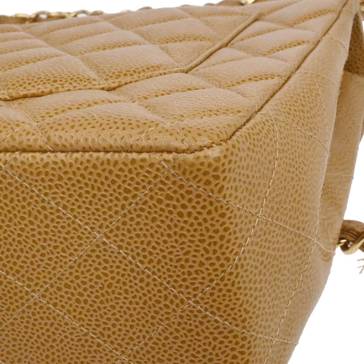 Chanel 2000-2002 Beige Caviar Skin Jumbo Classic Flap Shoulder Bag
