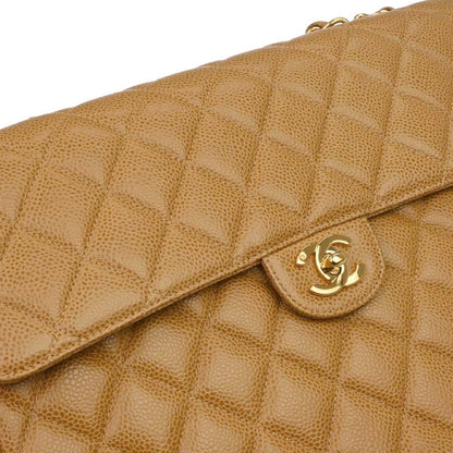 Chanel 2000-2002 Beige Caviar Skin Jumbo Classic Flap Shoulder Bag