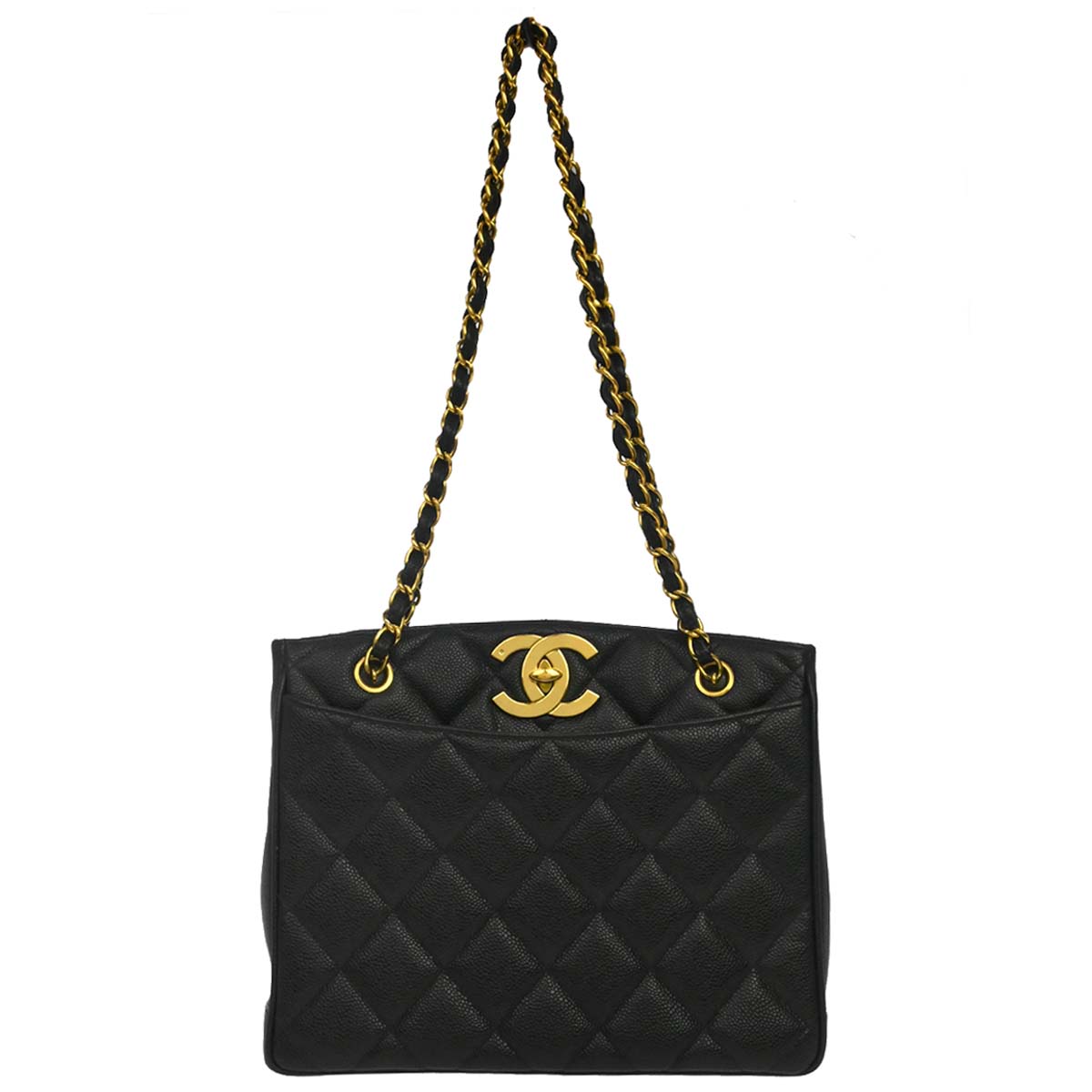 Chanel 1994-1996 Black Caviar Skin Shoulder Tote Bag