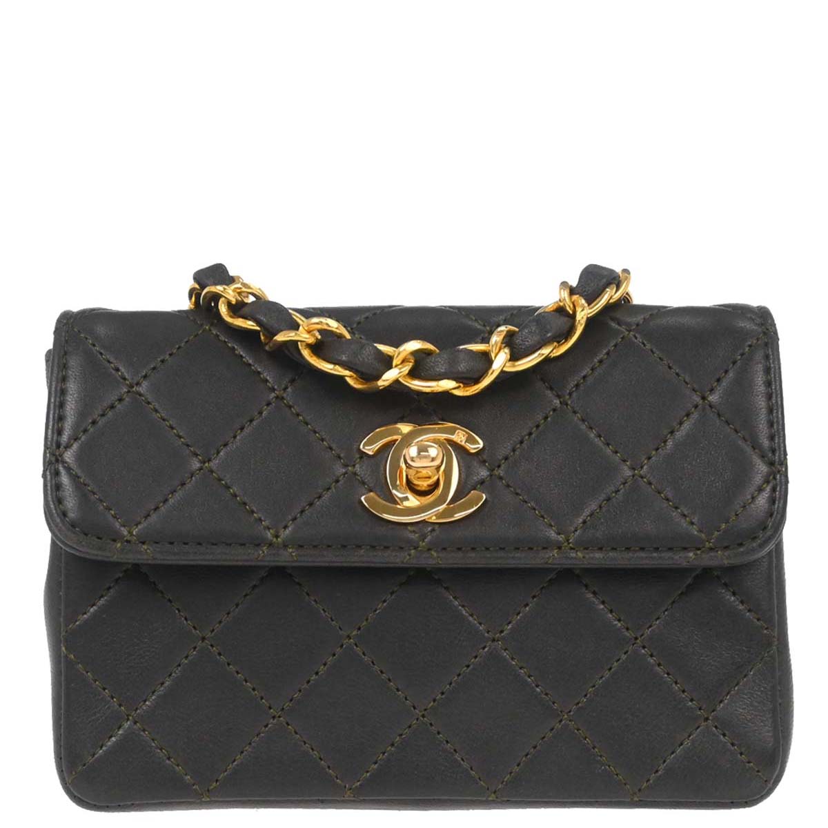 Chanel 1989-1991 Khaki Lambskin Straight Flap Shoulder Bag