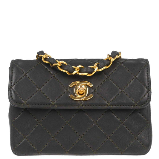 Chanel 1989-1991 Khaki Lambskin Straight Flap Shoulder Bag