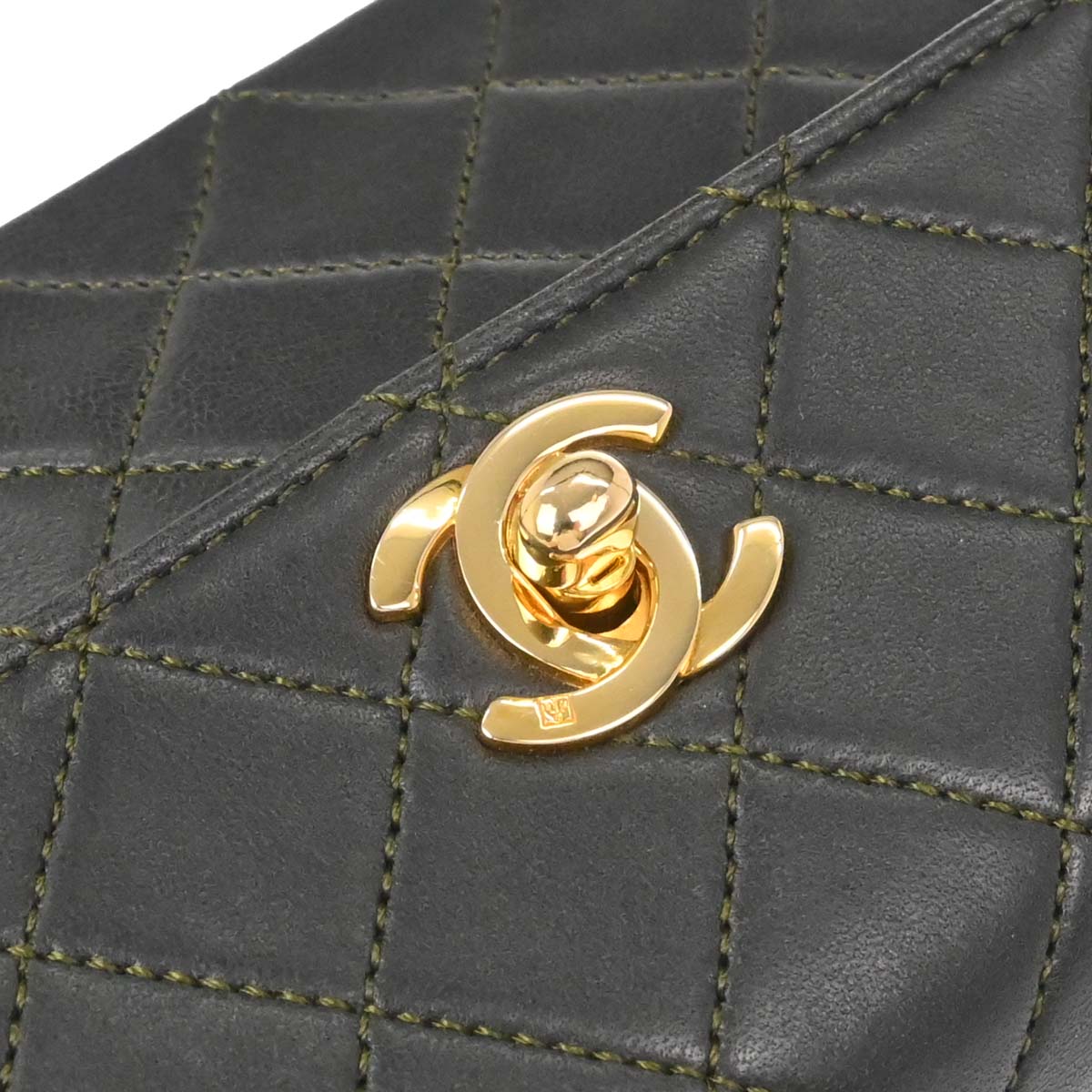 Chanel 1989-1991 Khaki Lambskin Straight Flap Shoulder Bag