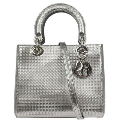 Christian Dior Silver Leather Medium Lady Dior Cannage 2way Shoulder Handbag