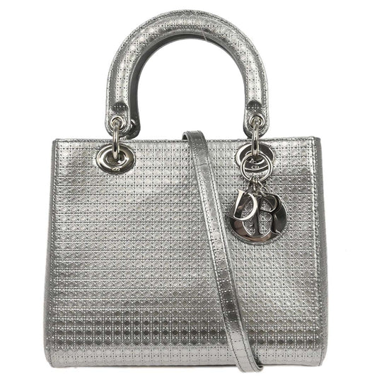 Christian Dior Silver Leather Medium Lady Dior Cannage 2way Shoulder Handbag