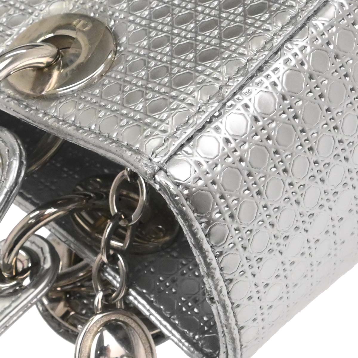 Christian Dior Silver Leather Medium Lady Dior Cannage 2way Shoulder Handbag