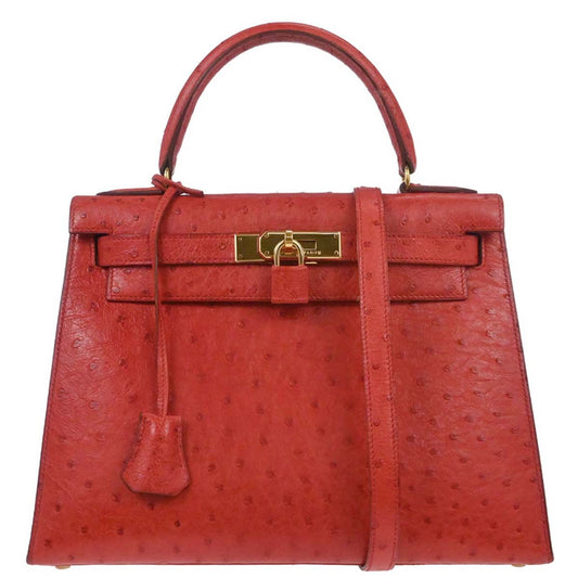 Hermes * Rouge Vif Ostrich Kelly 28 Sellier 2way Shoulder Handbag