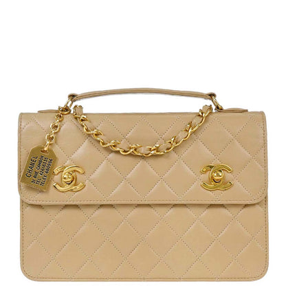 Chanel 1989-1991 Beige Lambskin 2way Shoulder Handbag