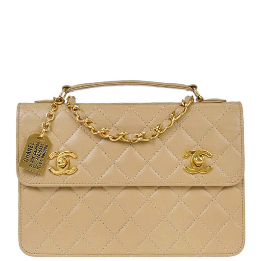 Chanel 1989-1991 Beige Lambskin 2way Shoulder Handbag
